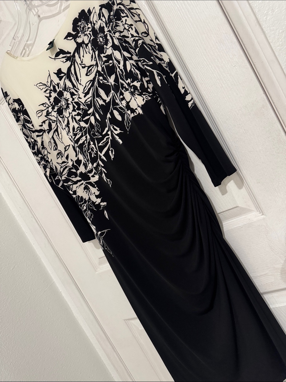 Ralph Lauren Black and White Floral 3/4-Sleeve Maxi Dress Full Lining  Size 14P